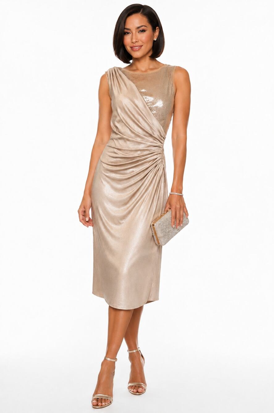 Adrianna Papell Gold Sequin Ruched Midi Dress M Wedding Guest Cocktail Holiday